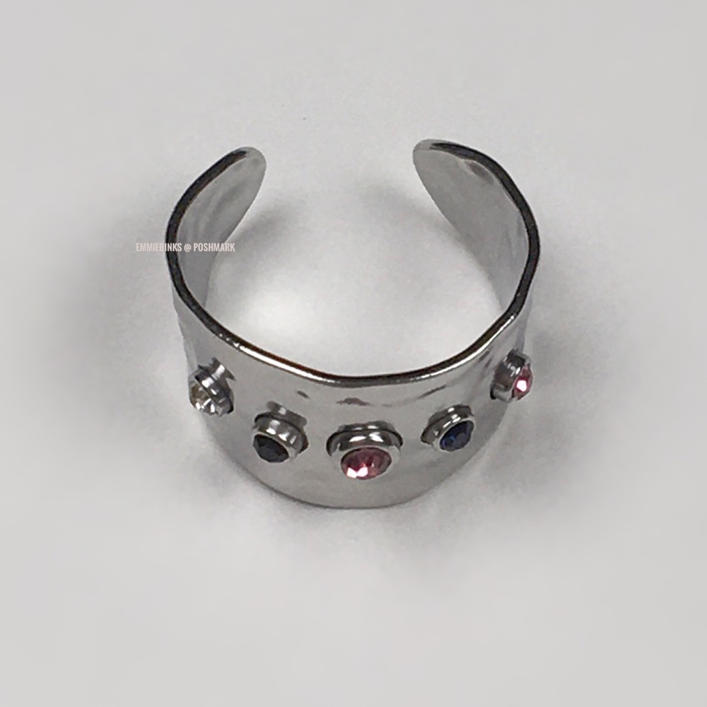 New Free People Silver Textured Open Cuff Cubic Zirconia Statement Ring - Picture 5 of 16